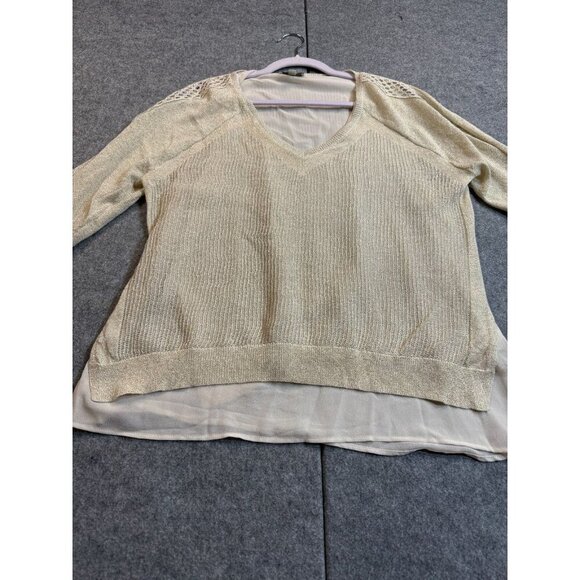 Lucky Brand Sweater Women Large Beige Sparkle Knit V-Neck Raglan Sleeve Pullover - Picture 1 of 7